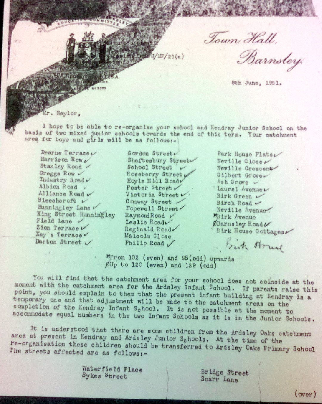Allocation of pupils for Hunningley Lane One School 1951