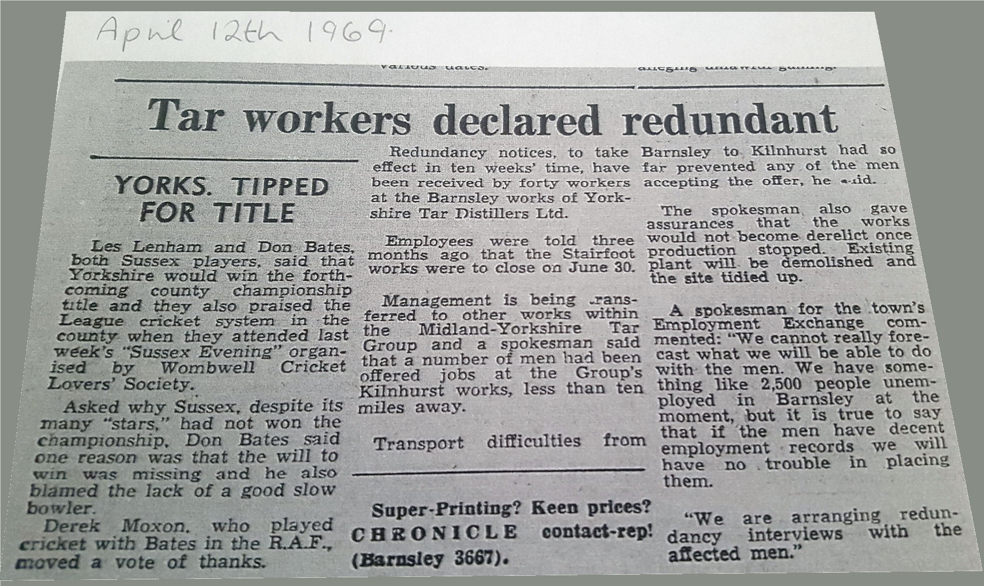Tar Workers made Redundant April 1969